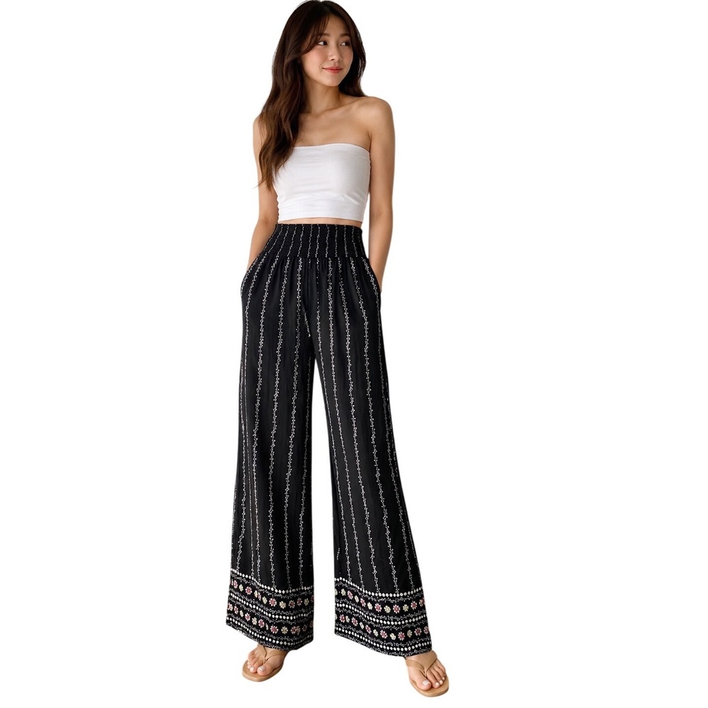 Three Dots Womens Black Floral Stripe Wide Leg Smocked Waist Pants Small 1497582